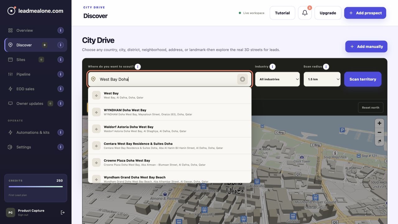 Territory search and location selection inside the real leadmealone.com product