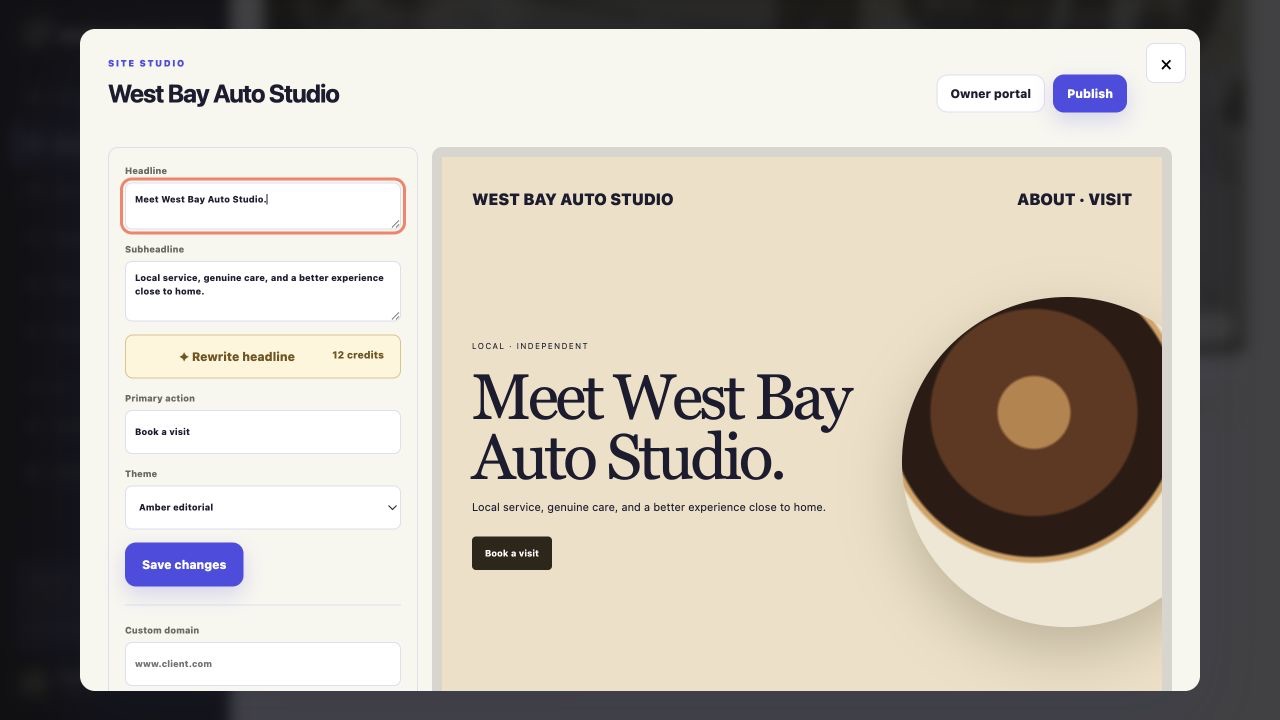 Website concept editor inside the real leadmealone.com product