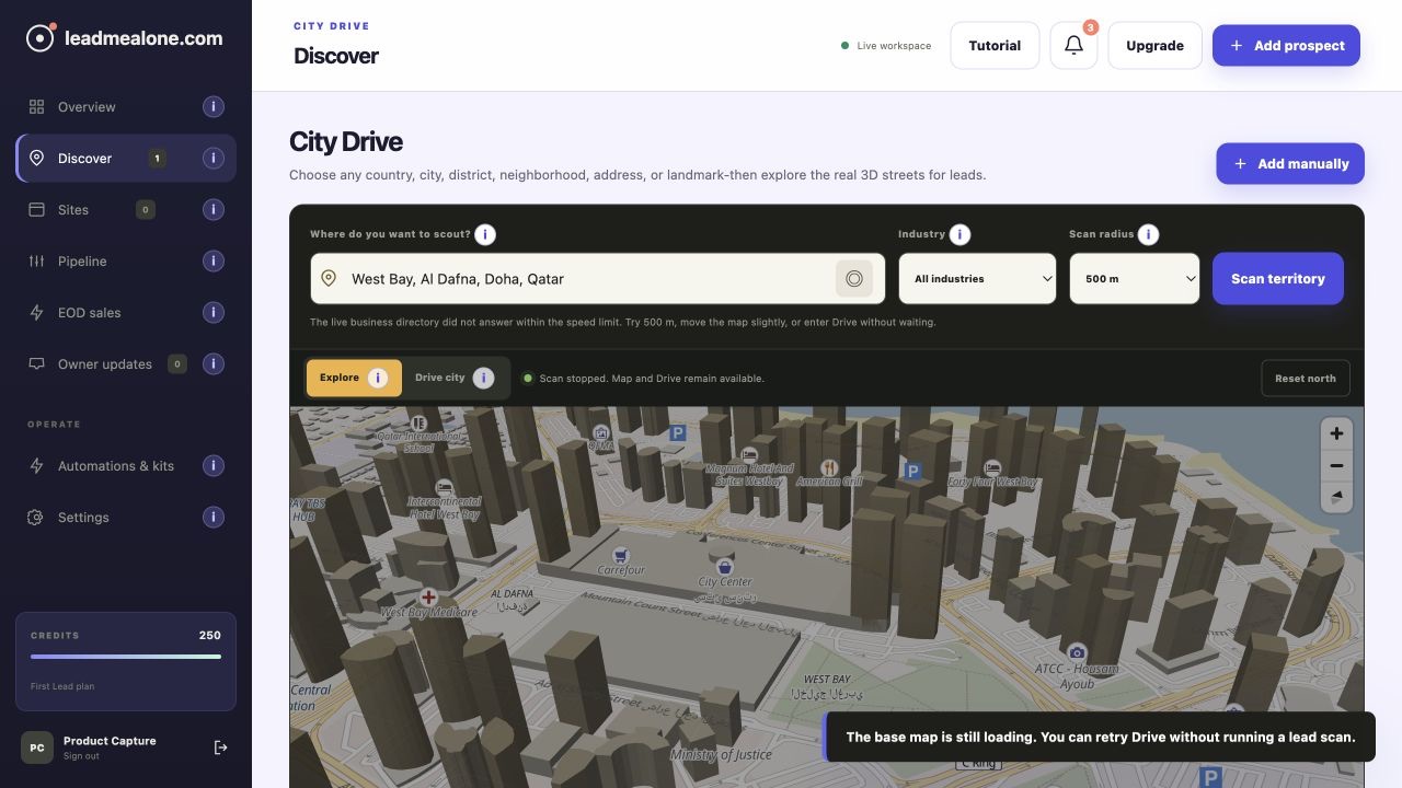 Live business territory results inside the real leadmealone.com product
