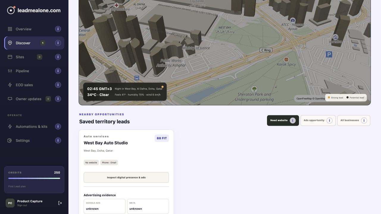 Digital presence evidence and opportunity inspection inside the real leadmealone.com product